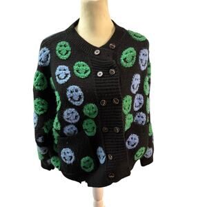 En Crème Smiley Face Fuzzy Cardigan Sweater – Black/Green/Blue One Size NWOT